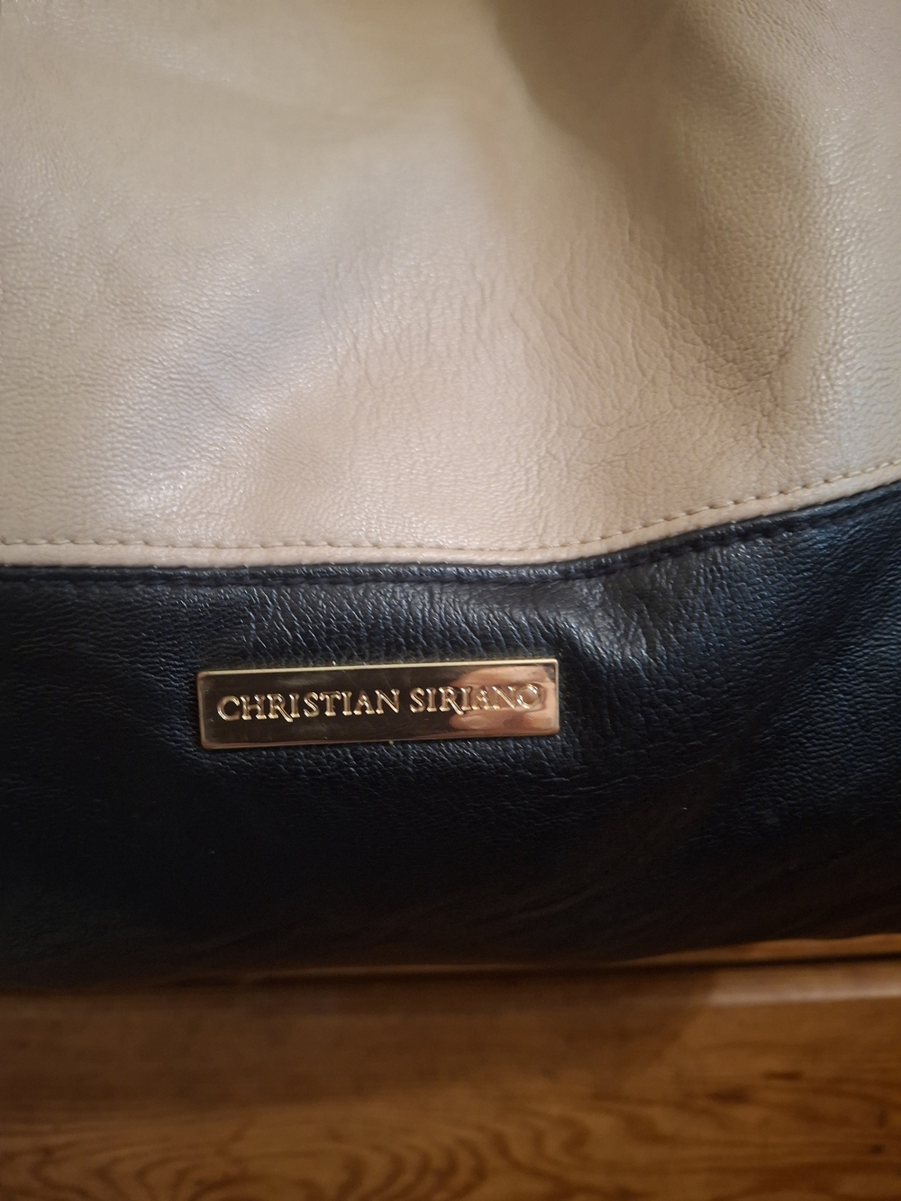 Christian Siriano Beige and Black Leather Tote with Gold Plaque